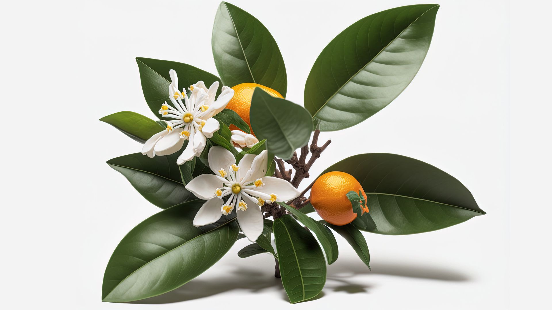Branch of an orange tree on a white background with blooms, buds, and leaves. citrus white bloom of neroli. Generative AI